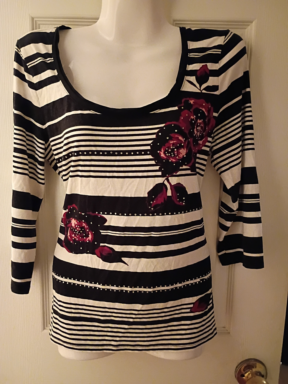 White House Black Market Black & White Striped Top with Floral Accents